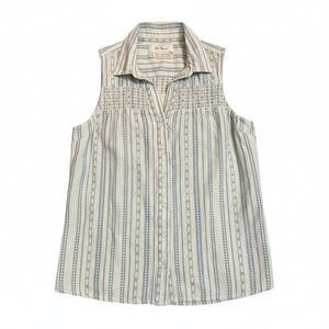 Old Ranch Sleeveless Button Up Women Large Blue Western Rustic Smocked Coastal